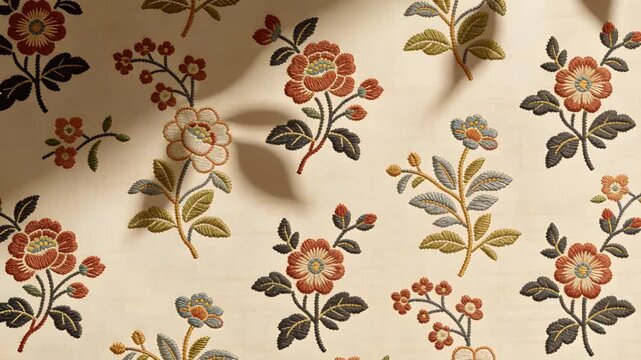 Casting plant foliage shadows drifting across cream floral textile on wall, triggered by warm light