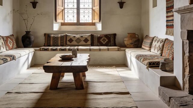 Shifting sun through shutters lighting bench and coffee table, brightening pottery in sitting room