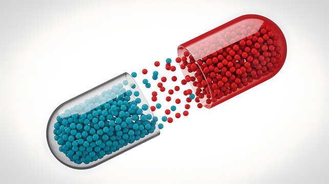 Open red and blue capsule with spilling pills on white background, medication