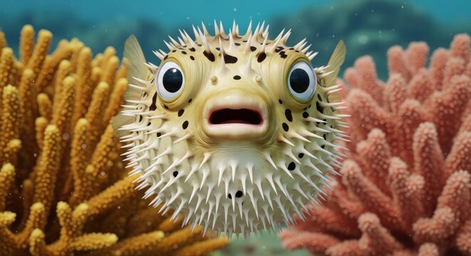 A pufferfish swims near colorful coral reefs underwater.