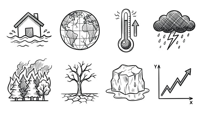 Climate change icon set. Containing global warming, greenhouse, melting ice, earth pollution and disaster icons.