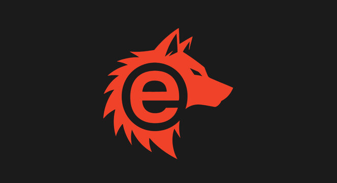 Red wolf head mascot logo with letter e