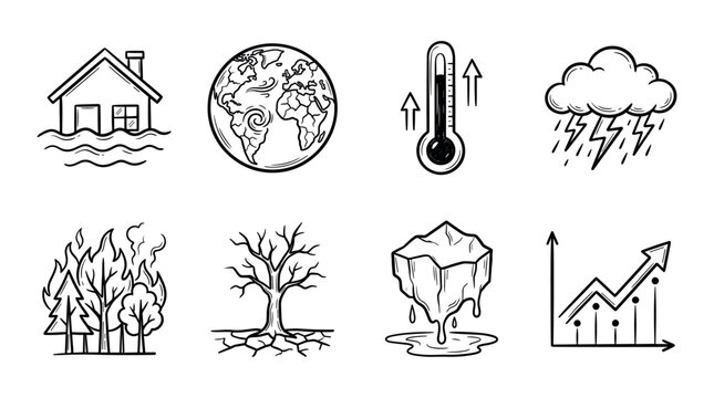 Climate change icon set. Containing global warming, greenhouse, melting ice, earth pollution and disaster icons.