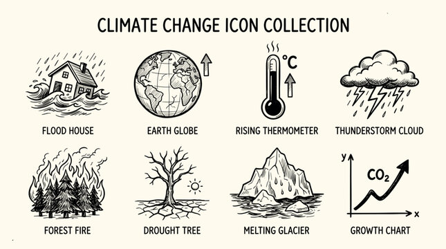 Climate change icon set. Containing global warming, greenhouse, melting ice, earth pollution and disaster icons.