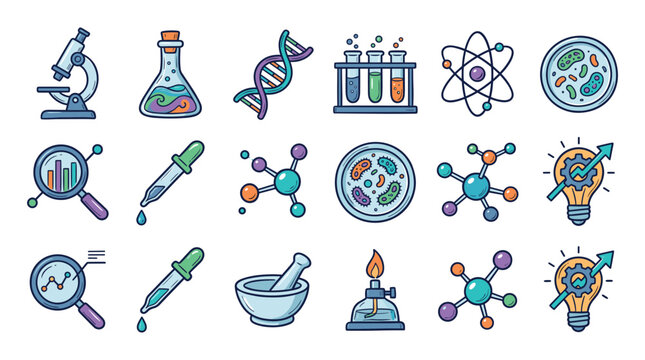 Science icon set. Containing biology, laboratory, experiment, scientist, research, physics, chemistry and more icons. Science education symbol.