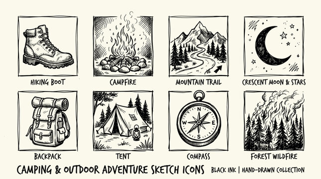 Large set of hiking equipment. Items for summer camping, trekking. Travel supplies icons for outdoor base camp. Backpack, campfire, tent, pointers, bowler hat. Isolated flat vector illustration 