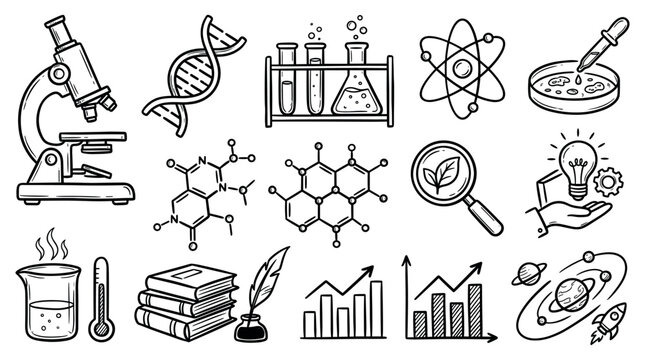 Science icon set. Containing biology, laboratory, experiment, scientist, research, physics, chemistry and more icons. Science education symbol.
