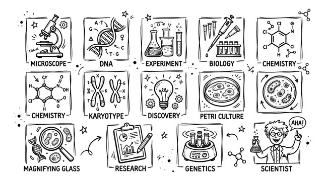 Science icon set. Containing biology, laboratory, experiment, scientist, research, physics, chemistry and more icons. Science education symbol.