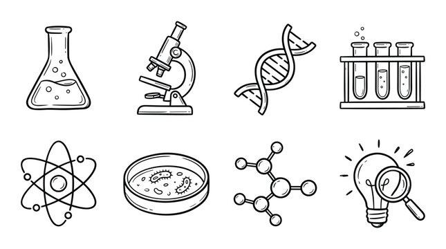 Science icon set. Containing biology, laboratory, experiment, scientist, research, physics, chemistry and more icons. Science education symbol.