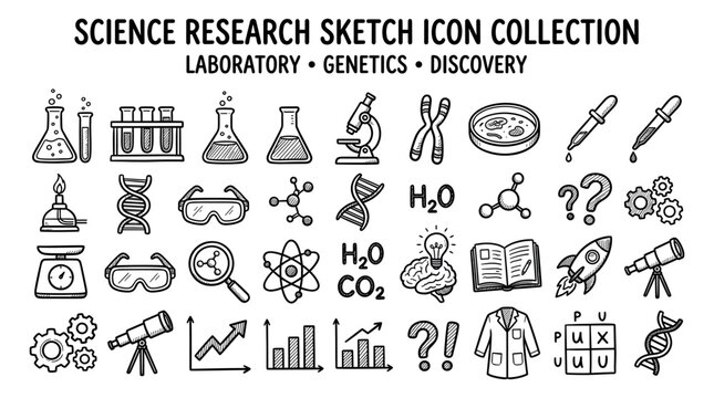 Science icon set. Containing biology, laboratory, experiment, scientist, research, physics, chemistry and more icons. Science education symbol.