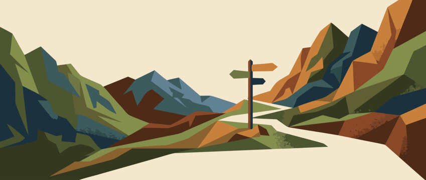 Scenic Panoramic Vector Banner Illustration of a Winding Hiking Trail with a Wooden Signpost Leading Toward Majestic Mountains Under a Clear Sky with Plenty of Copy Space for Adventure Tours.