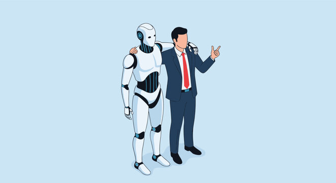 Partnership between human and artificial intelligence showing a businessman and a humanoid robot standing together in a symbolic collaborative pose.