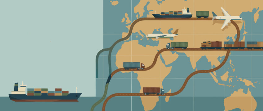 Panoramic Vector Banner Illustration of Global Shipping and Logistics Route Lines Tracking Across a World Map Grid with Modern Flat Design Elements and Ample Copy Space for Corporate Text