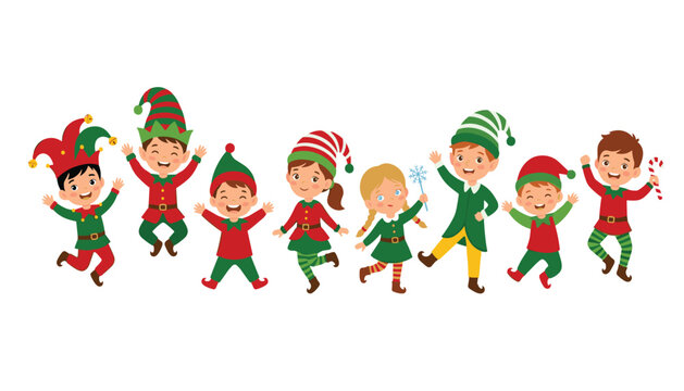 Cute Christmas elf children vector character set. Jester hat, striped socks, snowflake wand, jumping boys and festive holiday helpers.