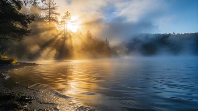 Casting rising sun behind pines sending beams through mist at dawn lakeshore, lighting ripples