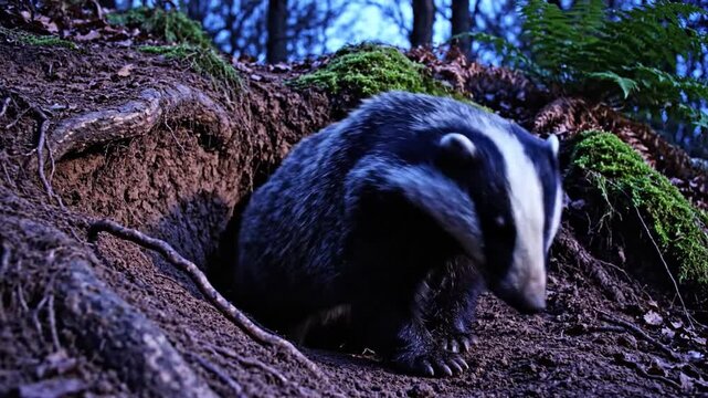 European Badger Emerging from its Forest Earth Den at Dusk
