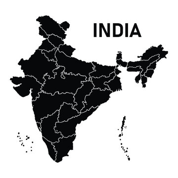 Detailed map of india with regional state borders in black and white geography administrative cartography silhouette illustration territory division location position