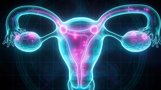 Animating neon uterus with tubes, magenta pulse causing nodes moving from ovaries into uterus, grid