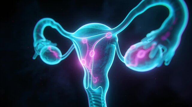 Animating uterus, pink node brightening and moving from right ovary along tube simulating transport