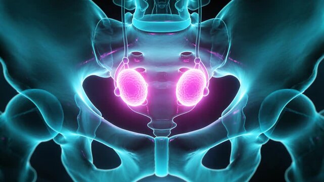 Animating 3D pelvis showing paired magenta organs glowing, highlighting anatomy, bones pulsing halo
