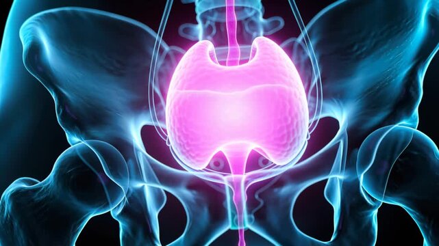 Filling magenta bladder against pelvic bones, receiving ureter flow and releasing via urethra