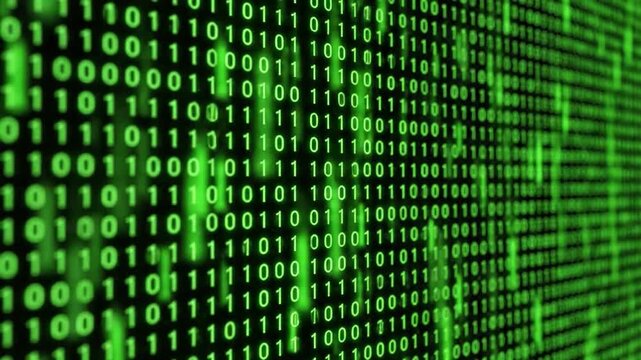 Abstract digital stream of green binary code flowing across a dark, futuristic technological background.