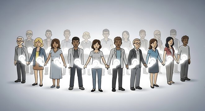 Cartoon people holding hands linked by glowing chains, symbolizing teamwork and unity, with faded silhouettes in the background showing group connection.