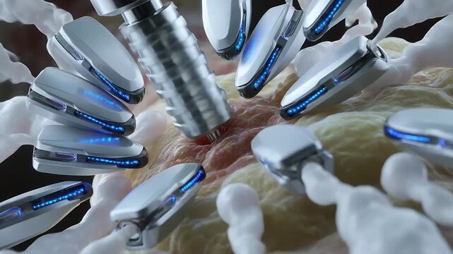 Probing yellow nodule in canal, probe piercing lesion while capsule robots forming ring to treat