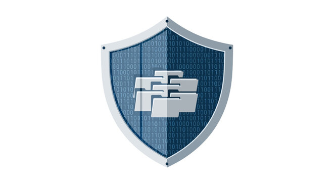 Cybersecurity and Data Protection Shield Icon with Binary Code and File Folders Representing Secure Information Storage