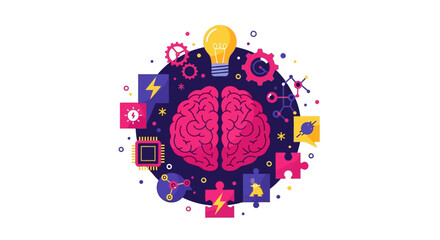 Fototapeta premium Creative Brain Concept Illustration with Innovation Icons: Lightbulb, Gears, AI, and Technology. Flat Vector Design for Problem Solving and Strategic Thinking.