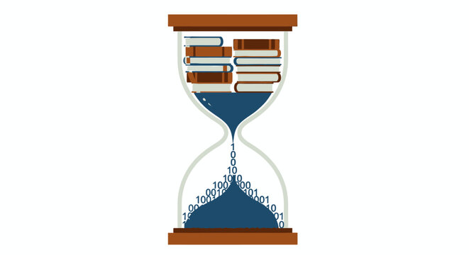Digital Transformation Concept Illustration: Hourglass Converting Physical Books into Binary Data Code for Knowledge Storage and Information Digitization