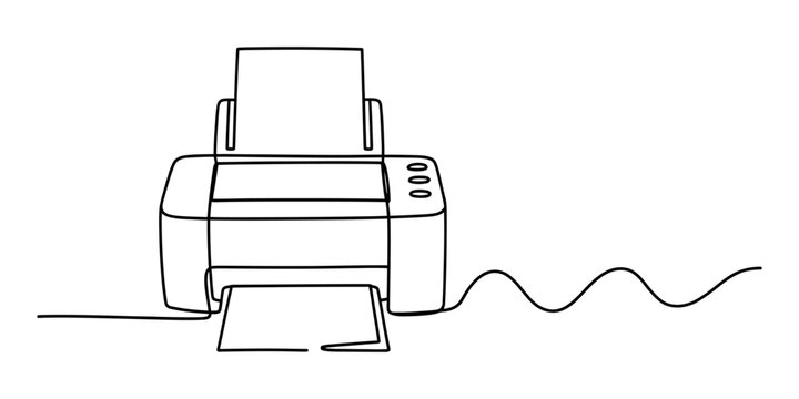 Continuous single line drawing of an office printer with paper printing a document