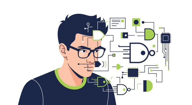 Conceptual Illustration of a Software Engineer with Logic Gates, Circuitry, and Microchip Icons for Computer Science and AI Development