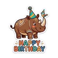 Fototapeta premium Cute Cartoon Rhinoceros Happy Birthday Sticker Illustration