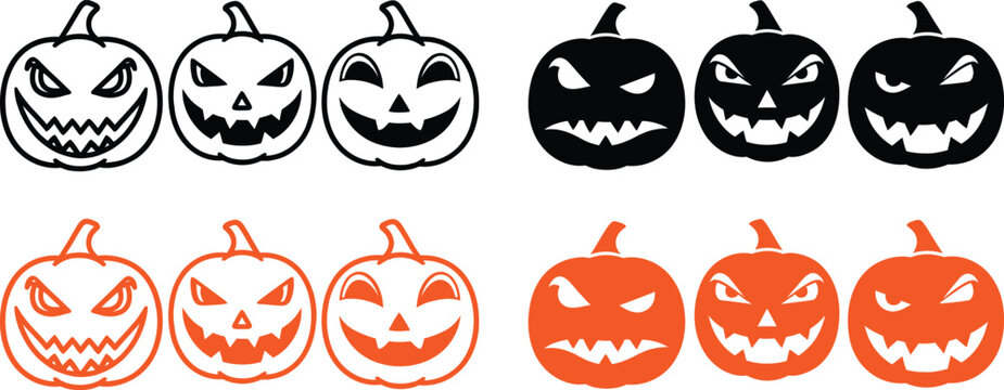 Halloween pumpkins with spooky faces in black and orange