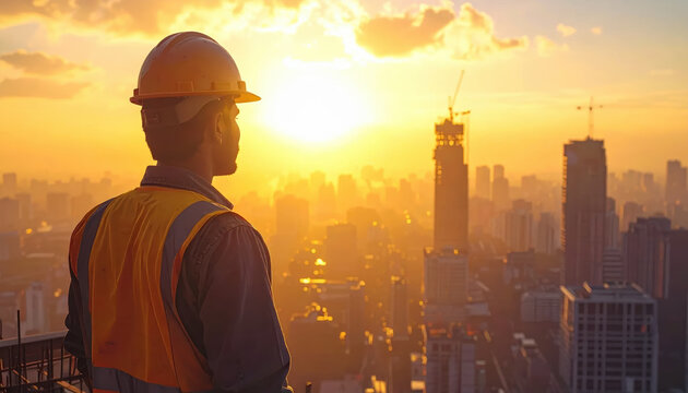 Construction worker safety vest hard hat city skyline sunset silhouette high rise urban man engineer construction worker safety vest hard hat city skyline sunset silhouette high rise urban man