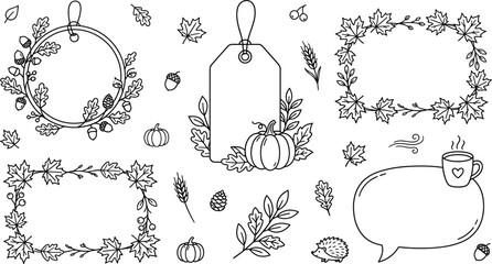 Autumn Thanksgiving Foliage Line Art Vector Set with Maple Leaf Frames Tags and Pumpkin Elements © MstBabli