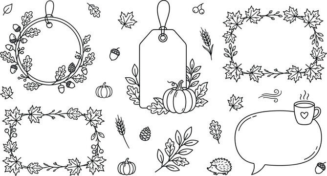 Autumn Thanksgiving Foliage Line Art Vector Set with Maple Leaf Frames Tags and Pumpkin Elements