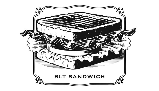 Very beautiful black-and-white engraved vector illustration featuring BLT SANDWICH with bacon, lettuce, tomato, toasted bread, and decorative label reading "BLT SANDWICH". Detailed monochrome food eng