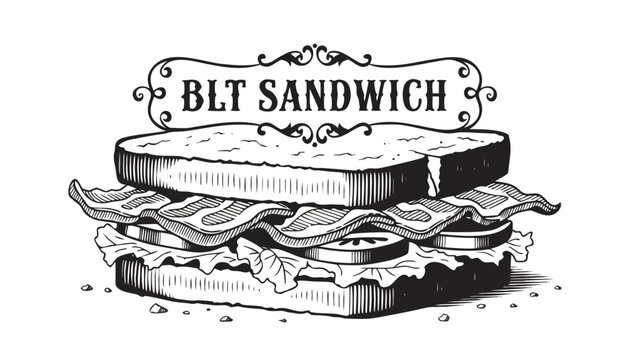 Very beautiful black-and-white engraved vector illustration featuring BLT SANDWICH with bacon, lettuce, tomato, toasted bread, and decorative label reading "BLT SANDWICH". Detailed monochrome food eng