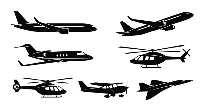 Aircraft silhouettes Jet planes helicopters and propeller planes on white