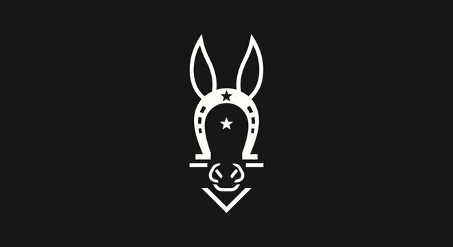 Minimalist donkey logo with horseshoe and star elements against a black backdrop
