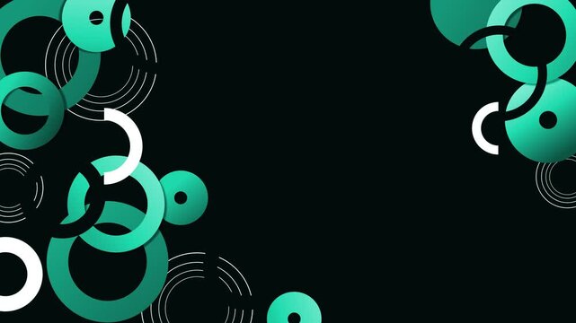 Dark abstract background overlapping rings and circular accents arranged in corners animation