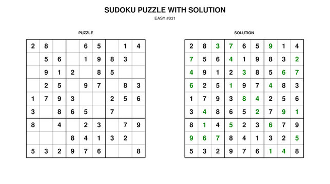 Easy sudoku puzzle with solution grid on white background.