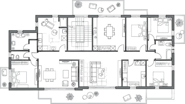 Architectural House Floor Plan Vector Illustration Featuring Modern Apartment Layout with Furniture Living Room Bedrooms Kitchen and Balcony Spaces
