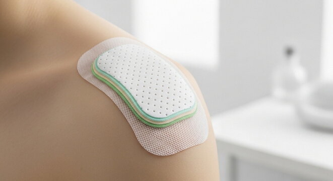 Layered medical adhesive patch applied to human shoulder for treatment