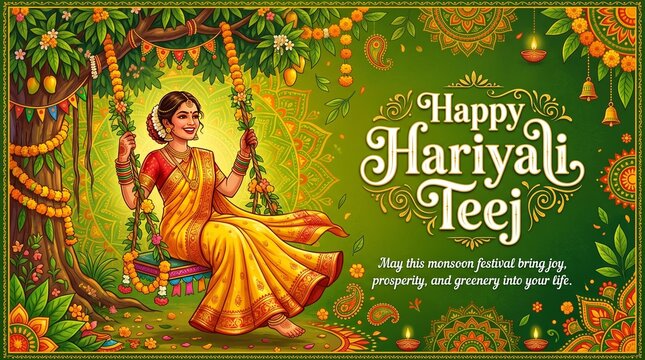 An Indian woman wearing a yellow and pink sari sits on a flower-decorated wooden swing suspended from a large green tree against a patterned green background.