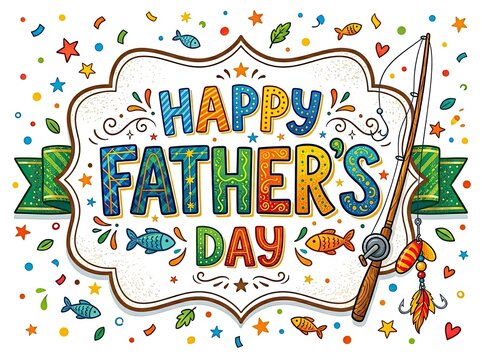 Happy father's day illustration with fishing rod and colorful decorations