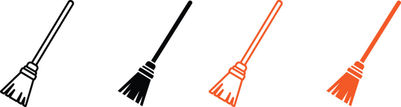 Colorful broom icons in black and orange on white background