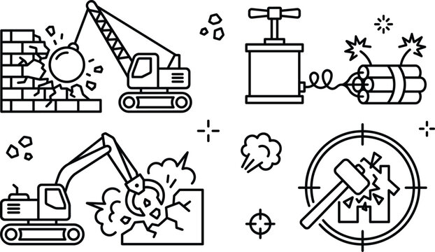 Construction Demolition Wrecking Ball Excavator Crane and Detonator Dynamite Line Art Vector Icon Set